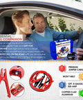Ultimate Car Emergency Kit With Air Compressor And Heavy Duty Jumper Cables for roadside safety, image shows kit and happy drivers.