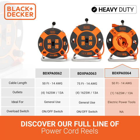 50 Ft Outdoor Extension Cord Reel With 14 AWG SJTW Cable, Heavy Duty Rewind Handle, Premium Cord Retractor for workshop