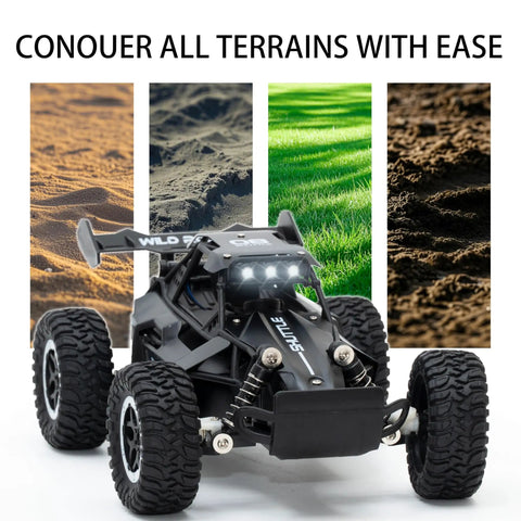 One Sixteenth Scale All Terrain RC Monster Truck With LED Headlights 2WD Off Road High Speed Remote Control Car on various terrains