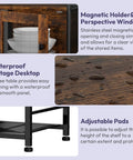Details of the Farmhouse Style Coffee Bar Cabinet Station With Doors, showing magnetic holder, waterproof top, and adjustable pads.