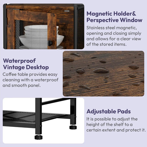 Details of the Farmhouse Style Coffee Bar Cabinet Station With Doors, showing magnetic holder, waterproof top, and adjustable pads.