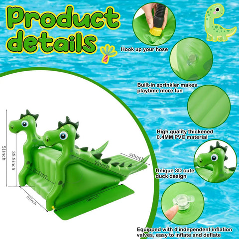 98 Inch Giant Inflatable Pool Slide for Kids and Adults, green dinosaur design, durable PVC material, features built-in water sprayer