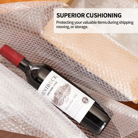 Two Pack 12 Inch By 72 Foot Nylon Bubble Wrap Roll Heavy Duty Three Sixteenths Inch Perforated Every Twelve Inches protecting wine bottle