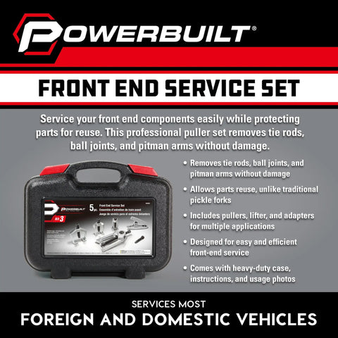 Front End Service Kit For Cars And Trucks With Tie Rod End Puller Ball Joint Separator Pitman Arm Puller - 6 Piece Heavy Duty Suspension Tool Set In Black Display with Features Listed