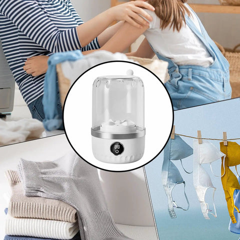 Compact Portable Washing Machine For Travelers And Students Slick Laundry Appliance with digital display and transparent design.