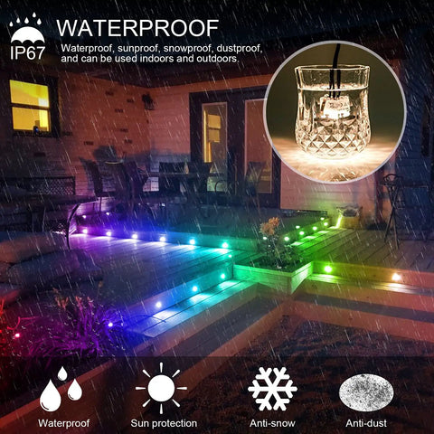 Lit Multicolor RGBIC Deck Lights With WiFi Control And Music Sync, IP67 Waterproof, illuminating garden steps in rain