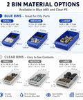 Blue and clear storage bins with dimensions, ideal for organizing small parts in a Heavy Duty Workhorse Storage Cabinet.