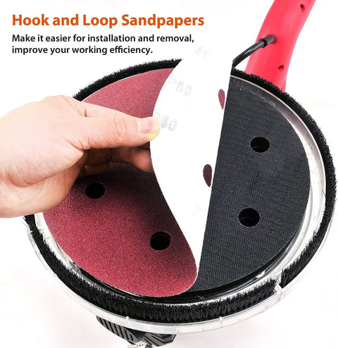 Close-up of Electric Drywall Sander With Vacuum And LED Lights 750W showing hook and loop sandpaper being attached.