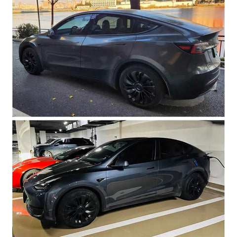 Snag These Fresh Multi Spoke Wheel Covers For Tesla Model Y 19 Inch Hubcaps 2020 To 2024 Four Piece Set on a parked Tesla.