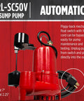 Submersible Water Pump For Narrow Sump Pits Beefy Cast Iron Housing Sump Pump With Automatic Vertical Float Switch Half Horsepower 4300 GPH