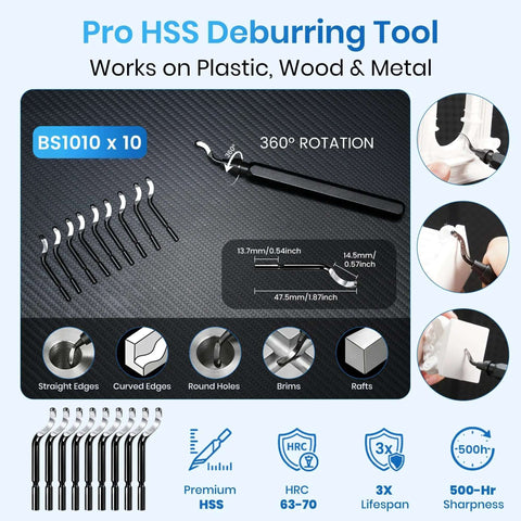 Pro HSS deburring tool set for plastic, wood, metal showing 360° rotation functionality and ten BS1010 blades