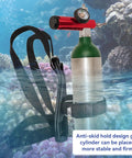 Adjustable Scuba Tank Backpack With Anti Skid Design, securely holding a gas cylinder underwater with coral backdrop
