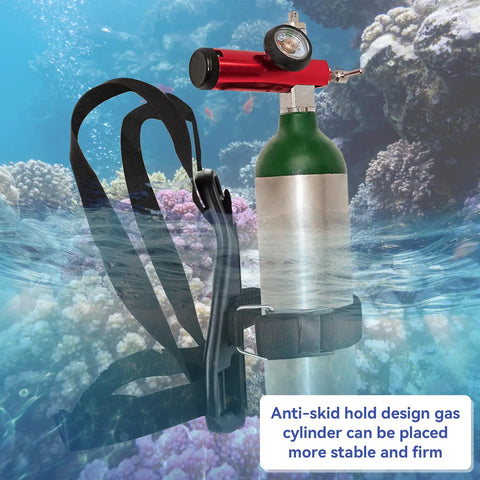 Adjustable Scuba Tank Backpack With Anti Skid Design, securely holding a gas cylinder underwater with coral backdrop