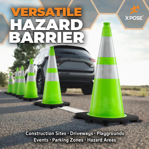 36 Inch Lime Green Traffic Cone With Dual 6 Inch And 4 Inch Reflective Collar Four Pack Heavy Duty PVC Safety Cone