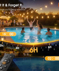Swimming pool at sunset with 198 Ft Outdoor String Lights With Remote Dimming And Timer Waterproof Patio Lighting hung above.