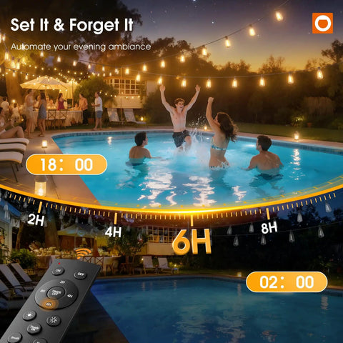 Swimming pool at sunset with 198 Ft Outdoor String Lights With Remote Dimming And Timer Waterproof Patio Lighting hung above.