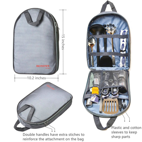 All In One Camping Cooking Utensils Set With 40 Pieces Portable Kitchen Kit in zippered grey nylon bag, tools organized inside