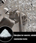 Workers mixing ten pound fiberglass reinforcement for concrete and mortar mix, showing white fibers and construction application.