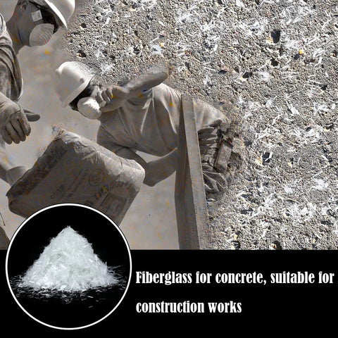 Workers mixing ten pound fiberglass reinforcement for concrete and mortar mix, showing white fibers and construction application.