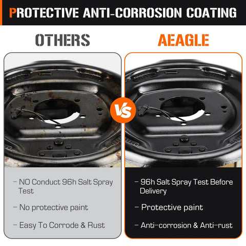 Front view of two 12x2 in electric trailer brake backing plates, left and right, coated vs rusted finish