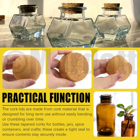 Assorted Wooden Cork Plugs Kit, 41 Pieces In 6 Sizes, Tapered And Ball Corks, displayed with glass jars and demonstrated in hand
