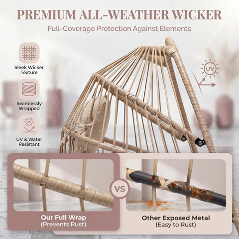 Hanging Egg Chair With Stand For Patio And Garden, Boho Wicker Swing Seat with premium all-weather wicker detailing