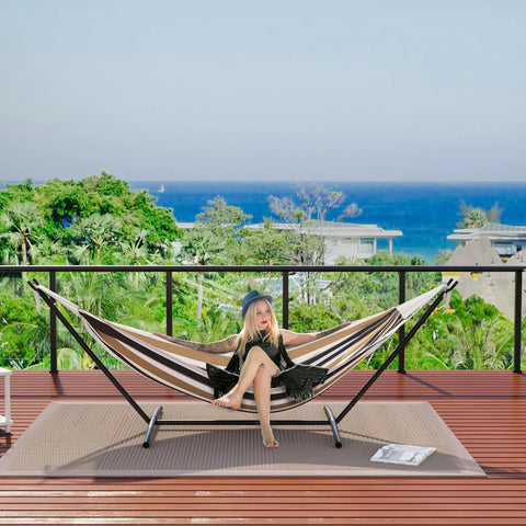 Two Person Brazilian Style Hammock With Steel Stand For Indoor And Outdoor Use, 450 Pound Capacity, Coffee Color Cotton Cocoon
