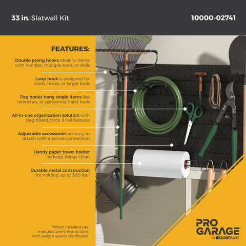 Garage Slatwall Hang Track Kit, 33 Inch Wide, With Pegboard Hooks, Hangers, And Paper Towel Holder, All In One Organizer System