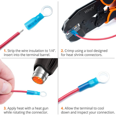 Illustration of connecting Marine Grade Heat Shrink Ring Terminals For 16 To 14 AWG Red Eyelet Connectors Waterproof Electrical Terminal Pack Of 130 Easy Crimp And Seal Ideal For Boat And Auto Wiring