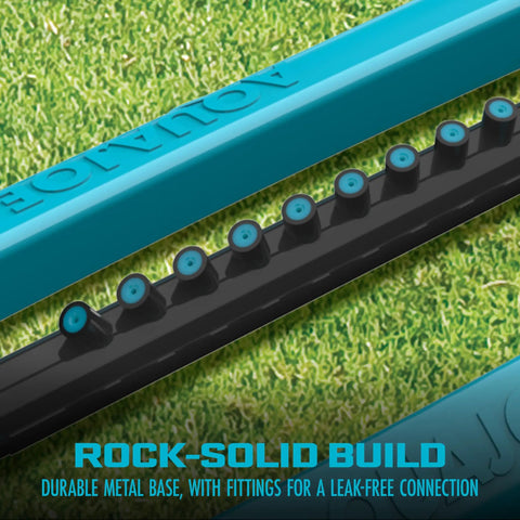 Close-up of oscillating sprinkler with adjustable spray and 16 clog resistant nozzles metal base for up to 3600 sq ft coverage.