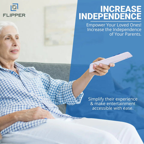 Senior Friendly Big Button Universal TV Remote For Dementia Caregivers shown in hand, emphasizing easy use and independence.