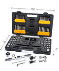 77 Piece SAE And Metric Ratcheting Tap And Die Set With Twist Lock Guide System And 5 Degree Swing Arc Reversing Lever T Handles GearWrench Model 3887 in open case showing components
