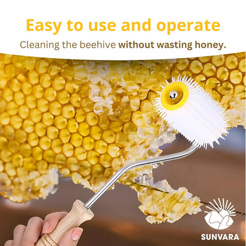 Pro Grade Honey Uncapping Roller Tool for Beekeepers in use on honeycomb with sharp plastic prongs and easy grip handle.