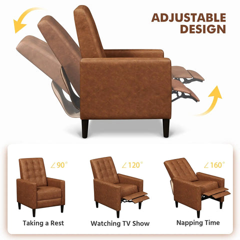 Cozy Faux Leather Recliner Sofa With Adjustable Back And Footrest Soft Plush Tufted Upholstery And Pocket Spring Support Mid Century Modern Single Recliner Chair For Living Room Or Home Theater Brown side view of adjustable positions.
