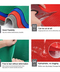 Game Changer Non Slip Drainage Flooring Rolls Custom Trim Down To Fit Pool Bathroom Garage Spa Warehouse Durable Water Resilient PVC Mats thick red and green drainage mats displayed with scissors for cutting