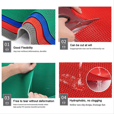 Game Changer Non Slip Drainage Flooring Rolls Custom Trim Down To Fit Pool Bathroom Garage Spa Warehouse Durable Water Resilient PVC Mats thick red and green drainage mats displayed with scissors for cutting
