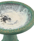 Close-up of green 20-inch Fiberclay Bird Bath Outdoor Garden Decor with antique vintage look and ornate floral engraving.