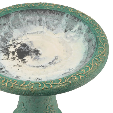 Close-up of green 20-inch Fiberclay Bird Bath Outdoor Garden Decor with antique vintage look and ornate floral engraving.