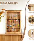 Fishing Lures Storage Display Case Wall Cabinet Tackle Box Organizer With Lockable Door Four Tier Shelves Clear Acrylic Door Built Tough For Study Man Cave Office Garage with rustic finish and vintage lock displayed on a shelf.