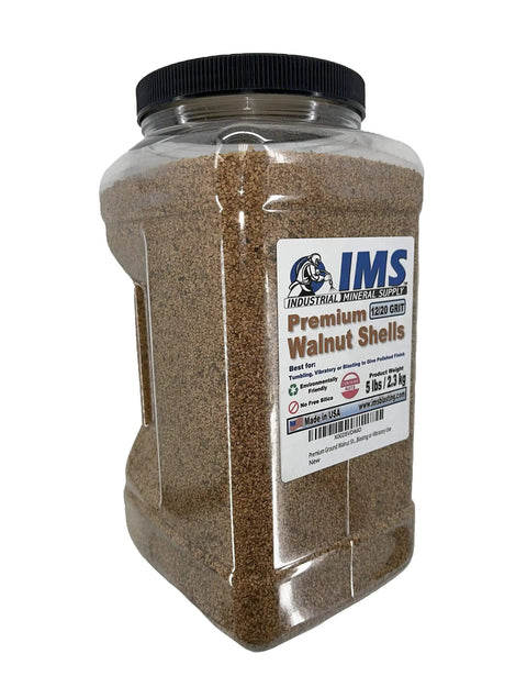 Plastic jar of ground walnut shell media grit 12/20 for tumbling, blasting or vibratory use, medium grit 5 lbs (2.3 kg)