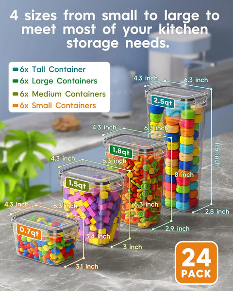 Airtight Food Storage Containers With Lids 24 Pack For Kitchen And Pantry Organization showing 4 stackable sizes on countertop.