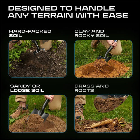 Lightweight Carbon Fiber Camp Shovel with D Handle, 28 Inch demonstrated in hard-packed, clay, sandy, and grassy soils.