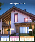Outdoor view of house with Color Changing Smart LED Bulbs A19 E26 75W Equivalent, controlling lights in groups via WiFi.