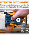 Close-up of Mini Pocket Hole Jig Kit Auto Adjusting Portable System for woodworking, showing calibration features and stop collar.