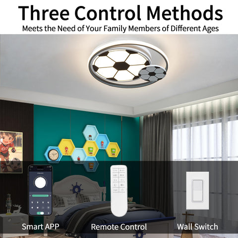 Cool Soccer Ball LED Ceiling Light For Kids Room And Bedroom, Dimmable Flush Mount Fixture with remote in kids bedroom