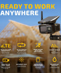 Solar Powered 4G LTE Outdoor Security Camera For Remote Construction Sites With Included SIM Card Night Vision IP65 Weather Resistant Wireless Surveillance With Solar Panel And All Day Battery Life No WiFi Needed displayed against construction site backdrop