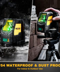 Pro Grade Green Beam Laser Level With Tripod For Construction And Tile Work, IP54 Tough Build, shown in use and wet conditions.
