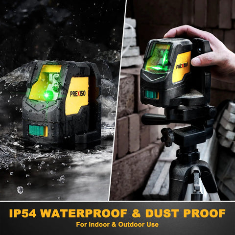 Pro Grade Green Beam Laser Level With Tripod For Construction And Tile Work, IP54 Tough Build, shown in use and wet conditions.