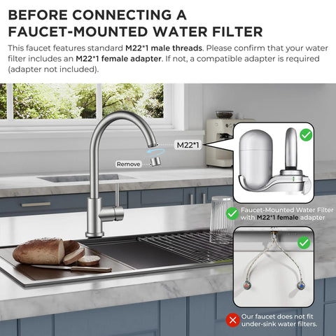 Lead Free Stainless Steel Kitchen Faucet With Brushed Nickel Single Handle High Arc That Swivels 360 Degrees For Heavy Duty Household Tasks Runs Buttery Smooth Thanks To Premium Ceramic Cartridge Built Tough As Nails with M22*1 threads and water filter setup.