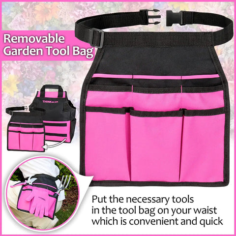 Pink Garden Tools Set For Women With 2 In 1 Detachable Storage Bag displayed with gardening gloves and bag detail.